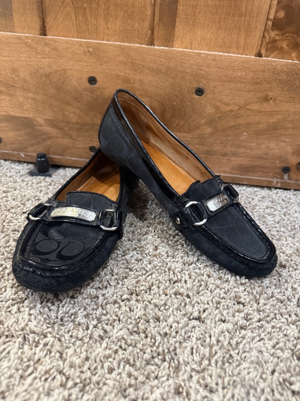Coach Black Signature Canvas Loafers with Metal Logo Accent Size 10